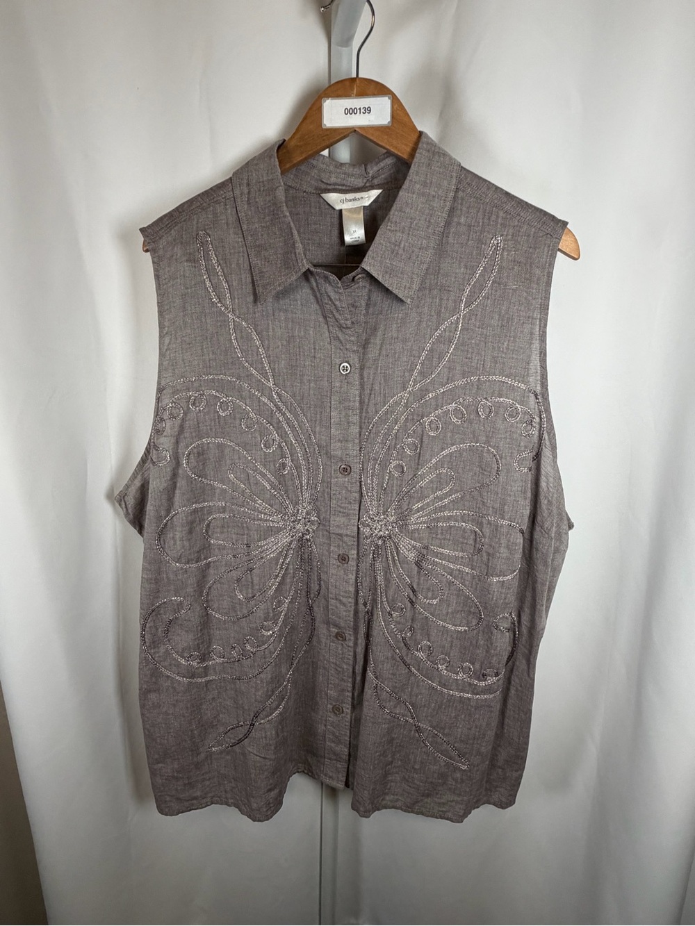 CJ Banks Womens 3X Gray Butterfly Embroidered Boho Whimsical 100% Cotton